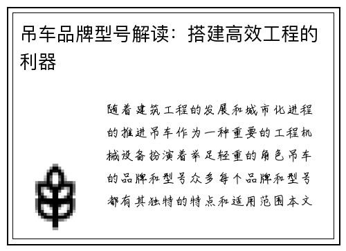 吊车品牌型号解读：搭建高效工程的利器